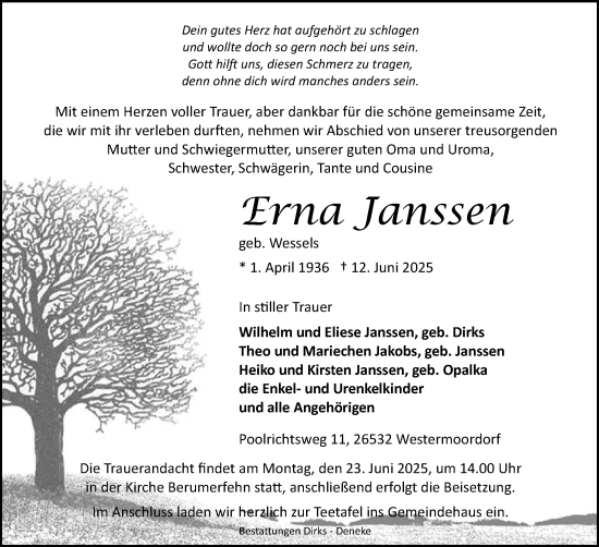 Traueranzeige von Erna Janssen von Ostfriesischer Kurier GmbH