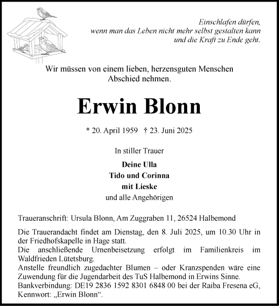 Traueranzeige von Erwin Blonn von Ostfriesischer Kurier GmbH