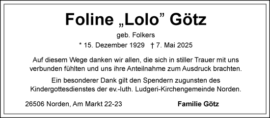 Traueranzeige von Foline Götz von Ostfriesischer Kurier GmbH