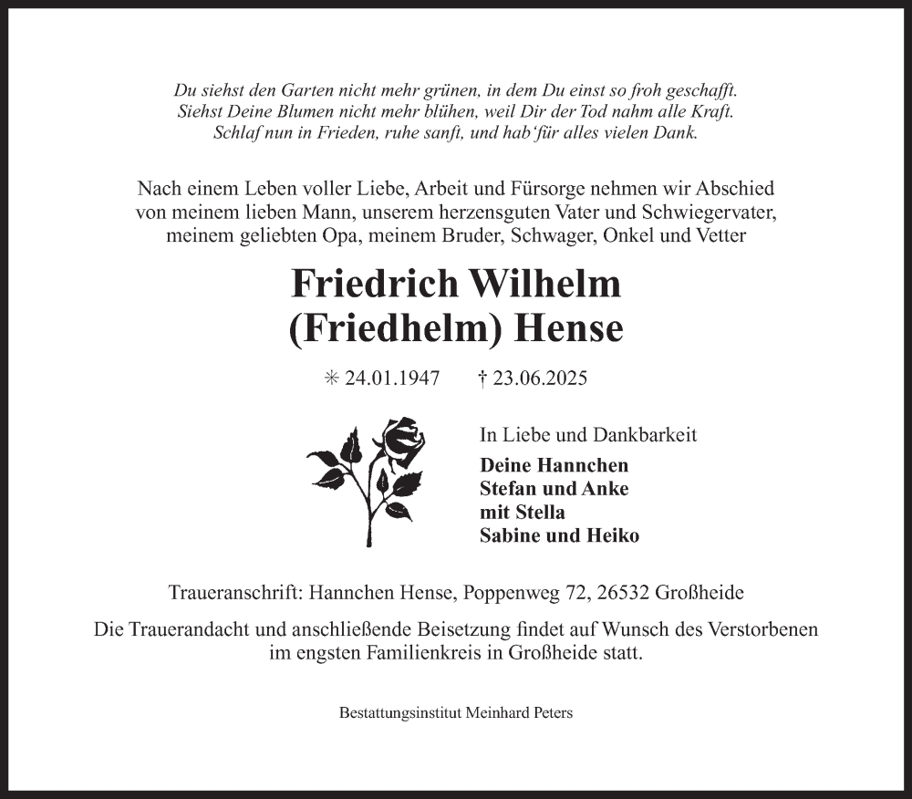  Traueranzeige für Friedrich Wilhelm Hense vom 28.06.2025 aus Ostfriesischer Kurier GmbH