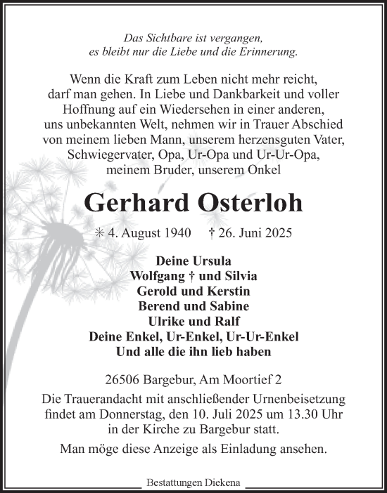 Traueranzeige von Gerhard Osterloh von Ostfriesischer Kurier GmbH