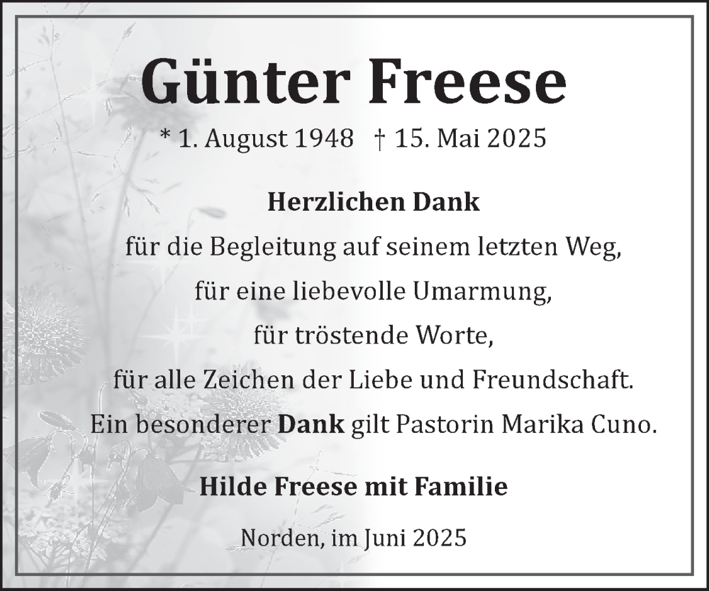  Traueranzeige für Günter Freese vom 21.06.2025 aus Ostfriesischer Kurier GmbH