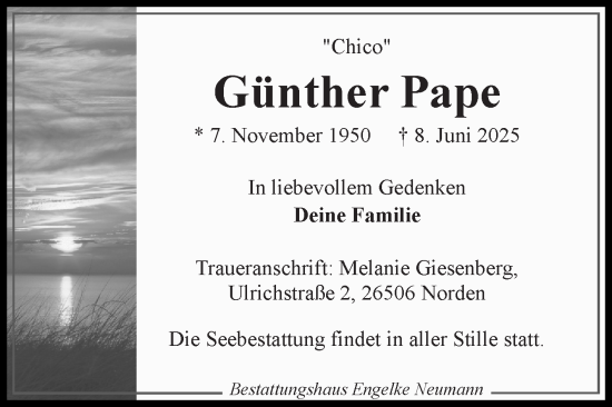 Traueranzeige von Günther Pape von Ostfriesischer Kurier GmbH