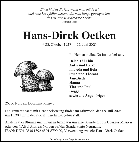 Traueranzeige von Hans-Dirck Oetken von Ostfriesischer Kurier GmbH