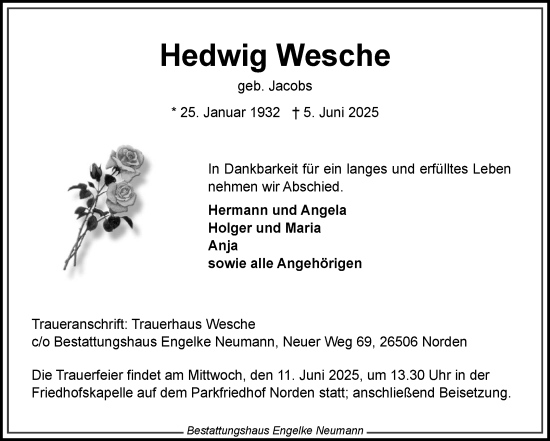 Traueranzeige von Hedwig Wesche von Ostfriesischer Kurier GmbH