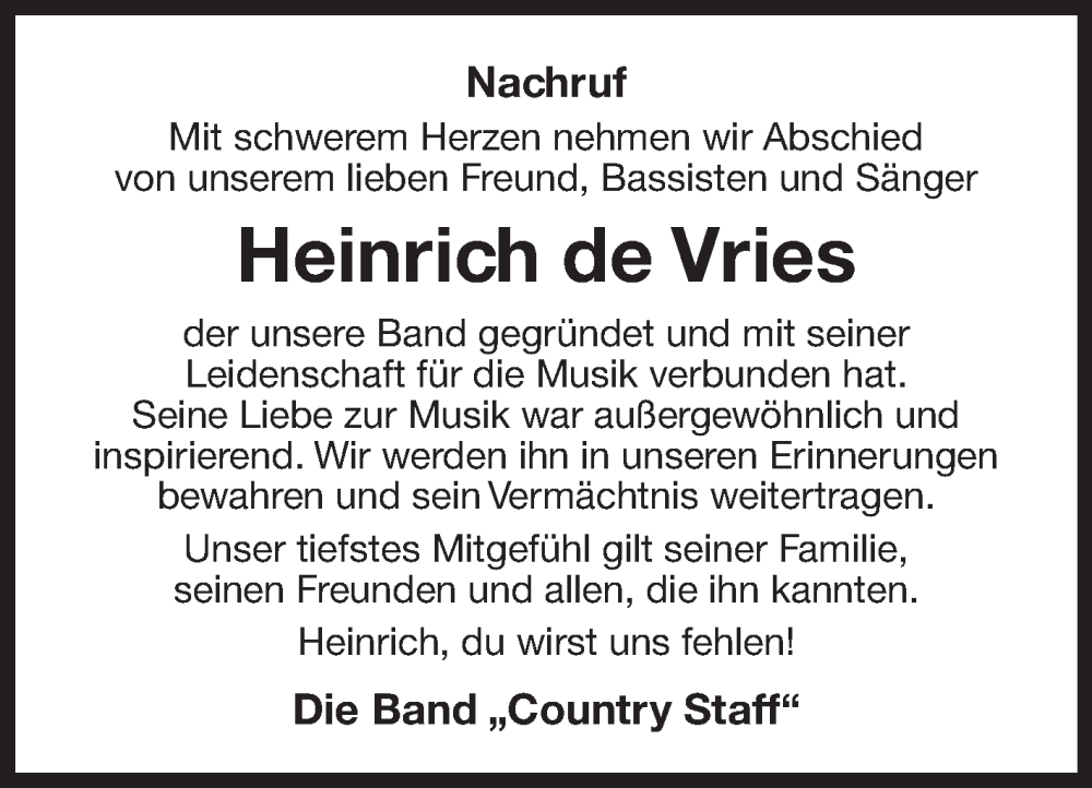  Traueranzeige für Heinrich de Vries vom 28.06.2025 aus Ostfriesischer Kurier GmbH