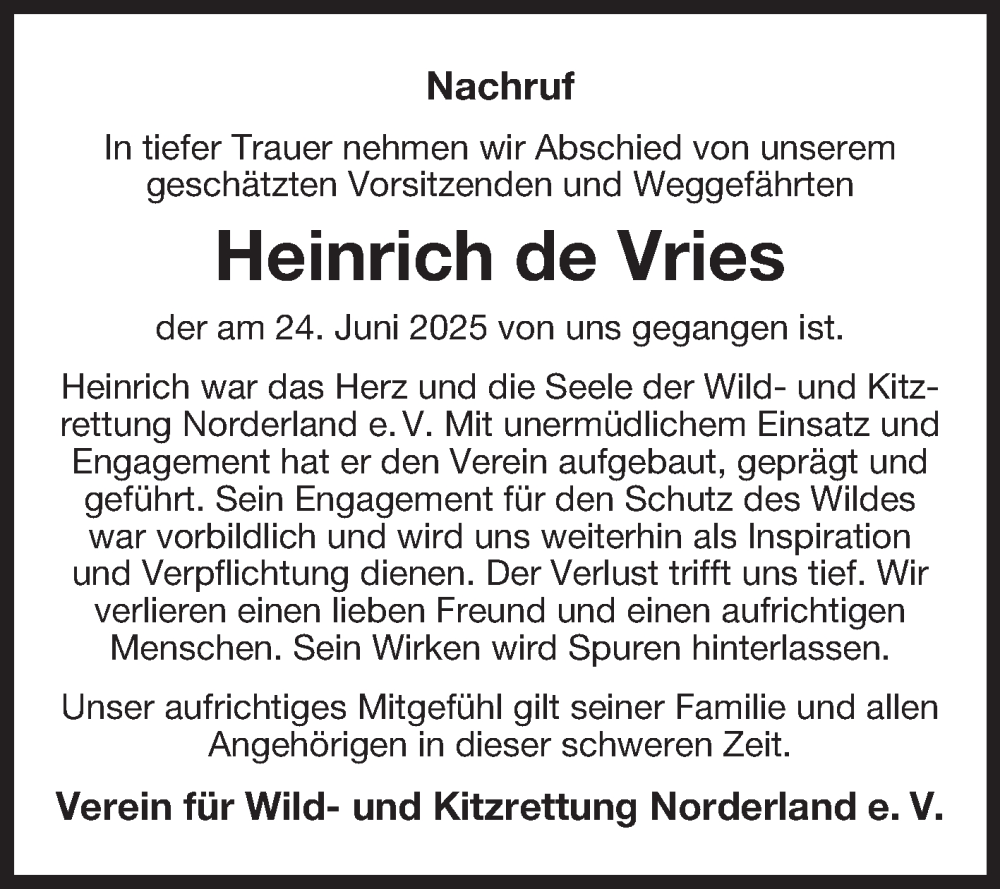  Traueranzeige für Heinrich de Vries vom 28.06.2025 aus Ostfriesischer Kurier GmbH