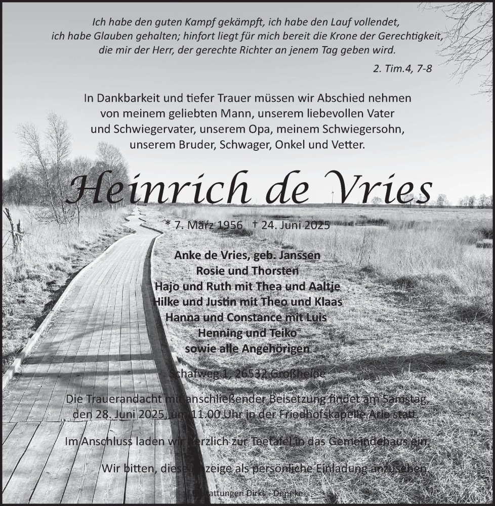  Traueranzeige für Heinrich de Vries vom 26.06.2025 aus Ostfriesischer Kurier GmbH