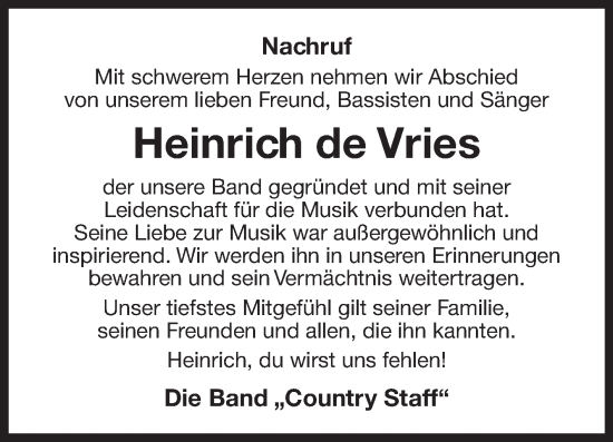 Traueranzeige von Heinrich de Vries von Ostfriesischer Kurier GmbH