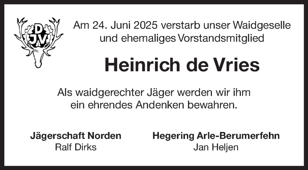  Traueranzeige für Heinrich de Vries vom 27.06.2025 aus Ostfriesischer Kurier GmbH
