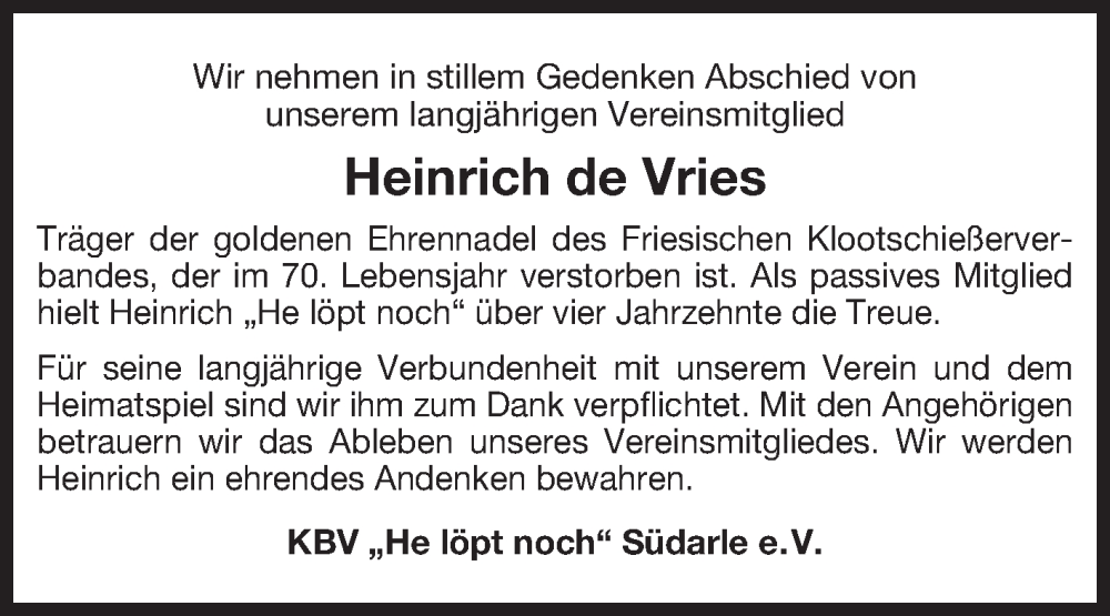  Traueranzeige für Heinrich de Vries vom 27.06.2025 aus Ostfriesischer Kurier GmbH