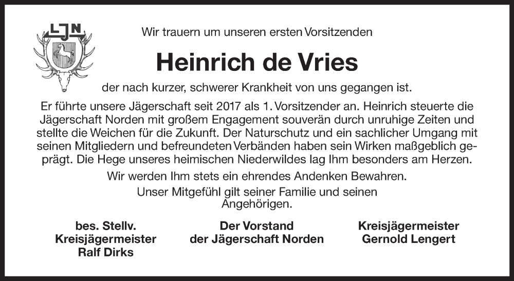  Traueranzeige für Heinrich de Vries vom 28.06.2025 aus Ostfriesischer Kurier GmbH