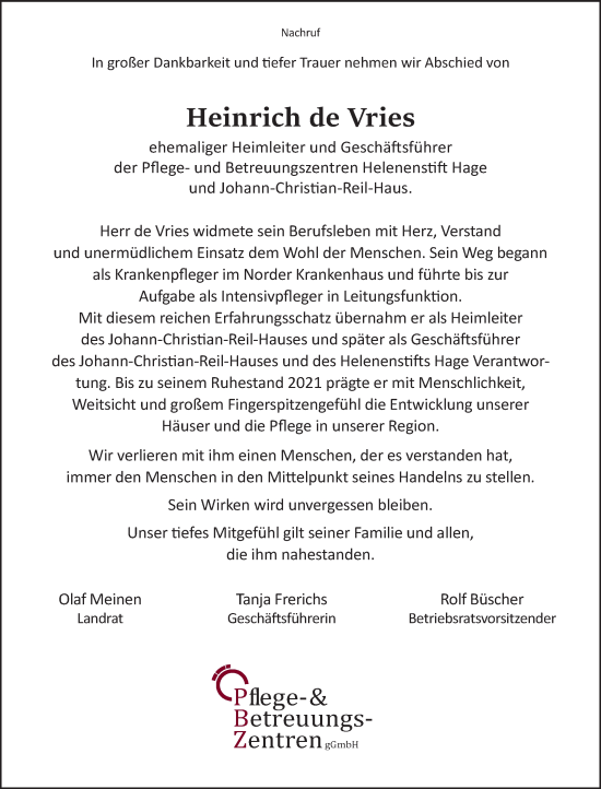 Traueranzeige von Heinrich de Vries von Ostfriesischer Kurier GmbH