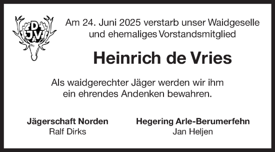 Traueranzeige von Heinrich de Vries von Ostfriesischer Kurier GmbH