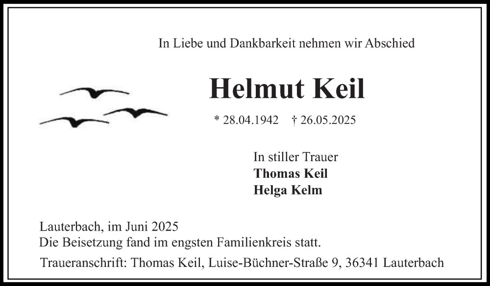  Traueranzeige für Helmut Keil vom 07.06.2025 aus Ostfriesischer Kurier GmbH