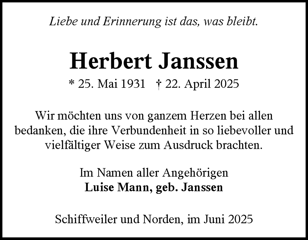  Traueranzeige für Herbert Janssen vom 07.06.2025 aus Ostfriesischer Kurier GmbH