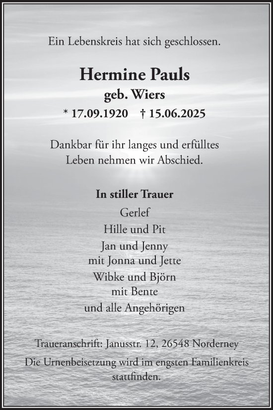 Traueranzeige von Hermine Pauls von Ostfriesischer Kurier GmbH