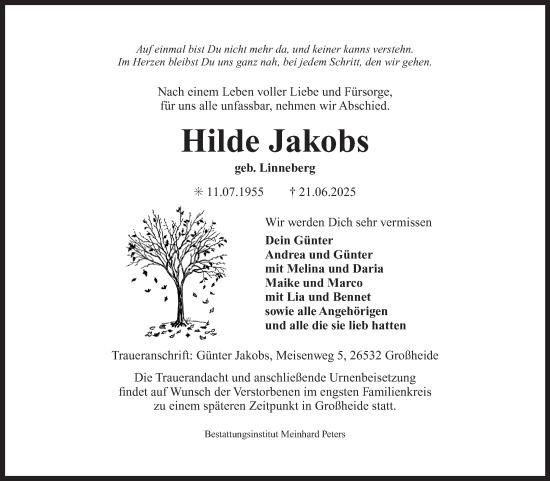 Traueranzeige von Hilde Jakobs von Ostfriesischer Kurier GmbH