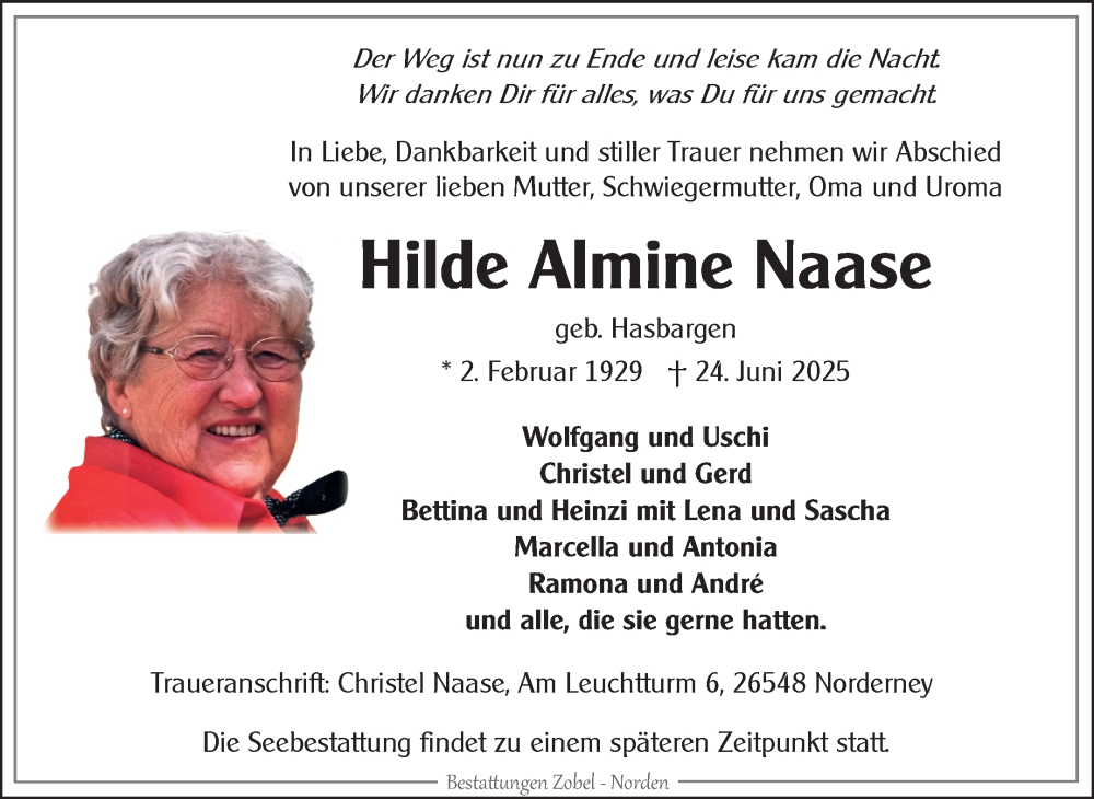  Traueranzeige für Hilde Almine Naase vom 28.06.2025 aus Ostfriesischer Kurier GmbH