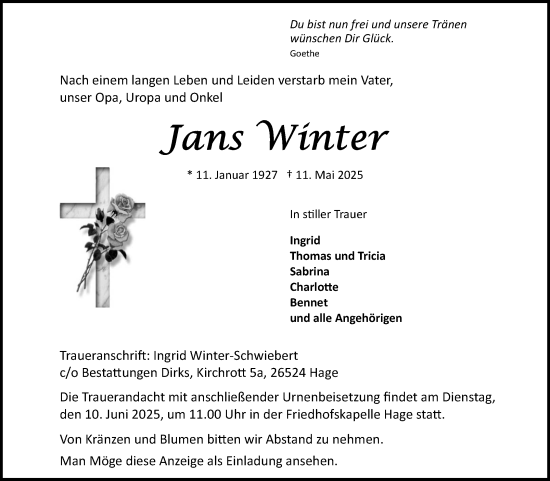 Traueranzeige von Jans Winter von Ostfriesischer Kurier GmbH