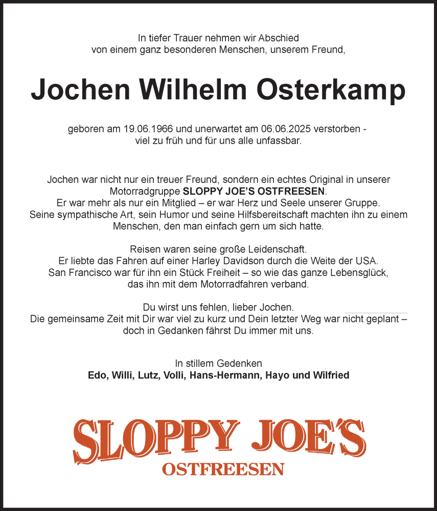  Traueranzeige für Jochen Wilhelm Osterkamp vom 14.06.2025 aus Ostfriesischer Kurier GmbH