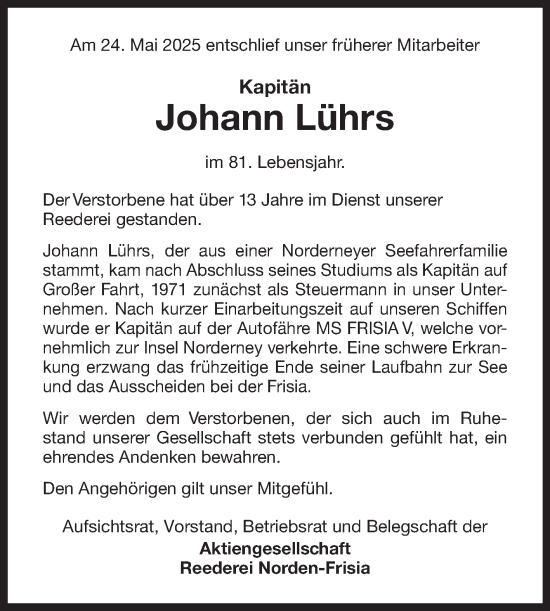 Traueranzeige von Johann Lührs von Ostfriesischer Kurier GmbH