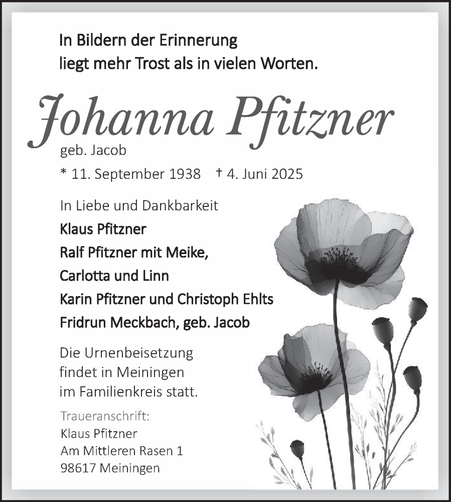  Traueranzeige für Johanna Pfitzner vom 18.06.2025 aus Ostfriesischer Kurier GmbH