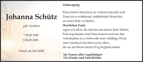 Traueranzeige von Johanna Schütz von Ostfriesischer Kurier GmbH