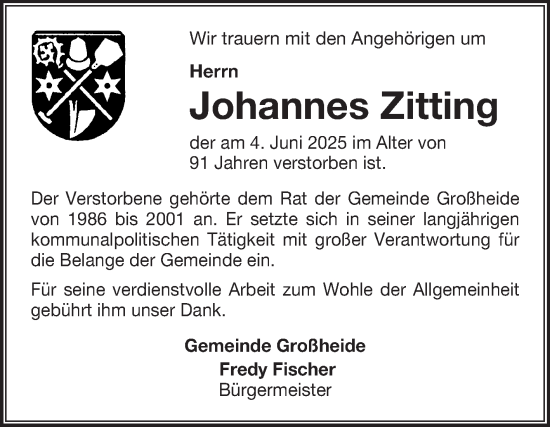 Traueranzeige von Johannes Zitting von Ostfriesischer Kurier GmbH