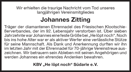 Traueranzeige von Johannes Zitting von Ostfriesischer Kurier GmbH
