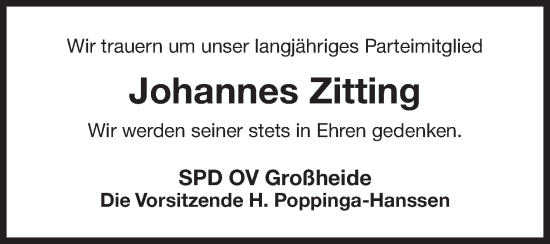 Traueranzeige von Johannes Zitting von Ostfriesischer Kurier GmbH