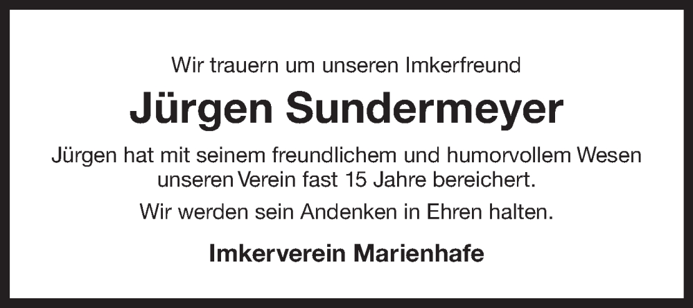  Traueranzeige für Jürgen Sundermeyer vom 14.06.2025 aus Ostfriesischer Kurier GmbH