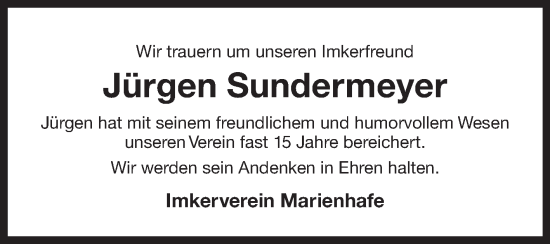 Traueranzeige von Jürgen Sundermeyer von Ostfriesischer Kurier GmbH