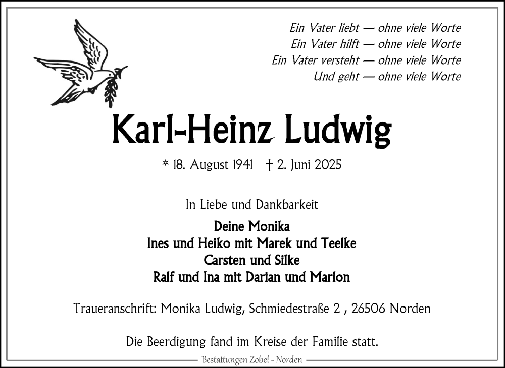  Traueranzeige für Karl-Heinz Ludwig vom 14.06.2025 aus Ostfriesischer Kurier GmbH