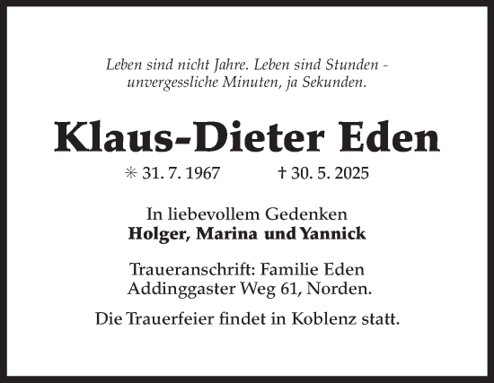 Traueranzeige von Klaus-Dieter Eden von Ostfriesischer Kurier GmbH