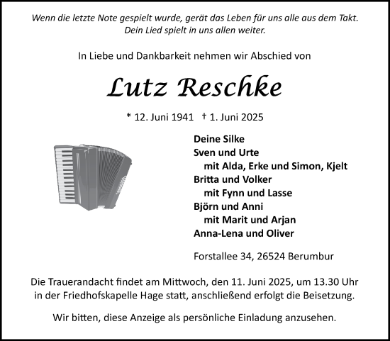 Traueranzeige von Lutz Reschke von Ostfriesischer Kurier GmbH