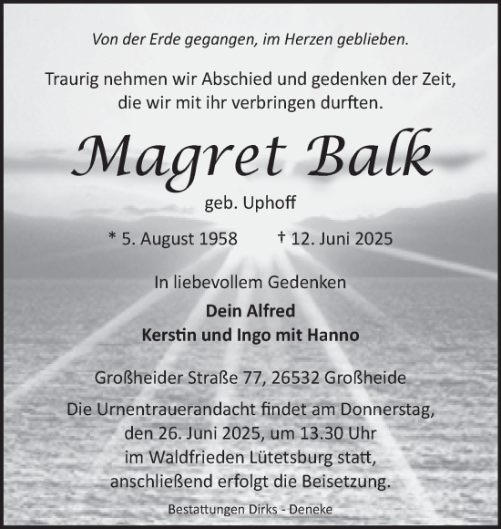 Traueranzeige von Magret Balk von Ostfriesischer Kurier GmbH