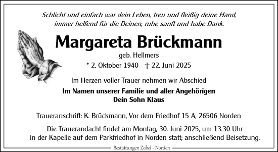 Traueranzeige von Margareta Brückmann von Ostfriesischer Kurier GmbH