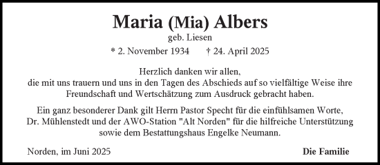 Traueranzeige von Maria Albers von Ostfriesischer Kurier GmbH