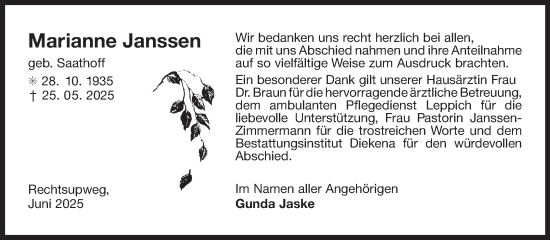 Traueranzeige von Marianne Janssen von Ostfriesischer Kurier GmbH