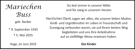 Traueranzeige von Mariechen Buss von Ostfriesischer Kurier GmbH