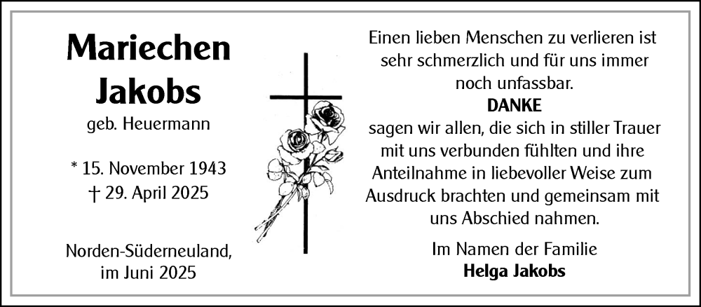  Traueranzeige für Mariechen Jakobs vom 14.06.2025 aus Ostfriesischer Kurier GmbH
