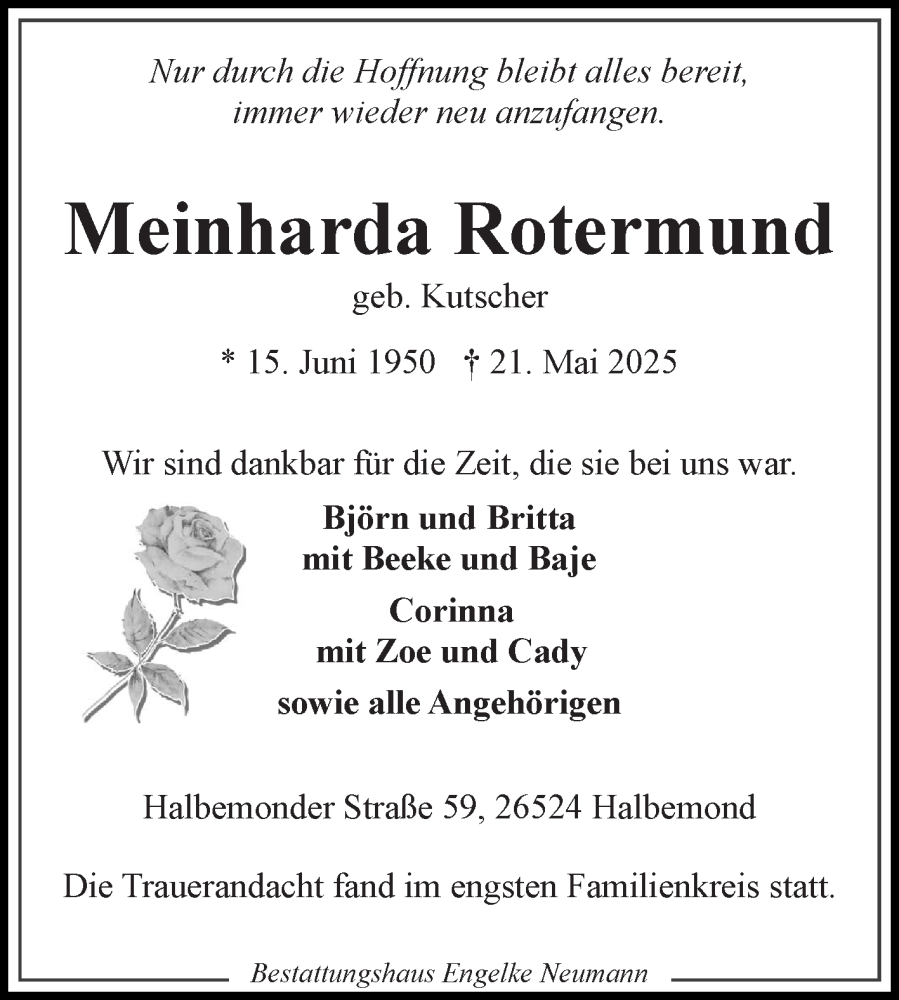  Traueranzeige für Meinharda Rotermund vom 14.06.2025 aus Ostfriesischer Kurier GmbH