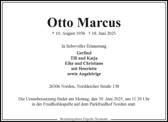 Traueranzeige von Otto Marcus von Ostfriesischer Kurier GmbH