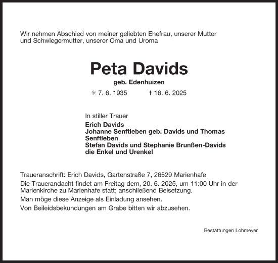 Traueranzeige von Peta Davids von Ostfriesischer Kurier GmbH