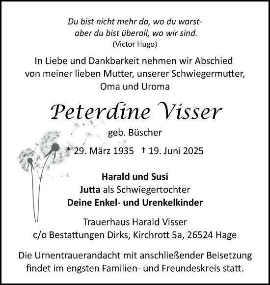 Traueranzeige von Peterdine Visser von Ostfriesischer Kurier GmbH