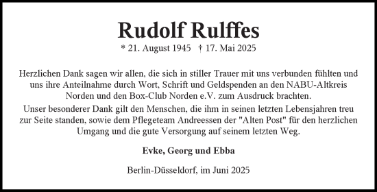 Traueranzeige von Rudolf Rulffes von Ostfriesischer Kurier GmbH