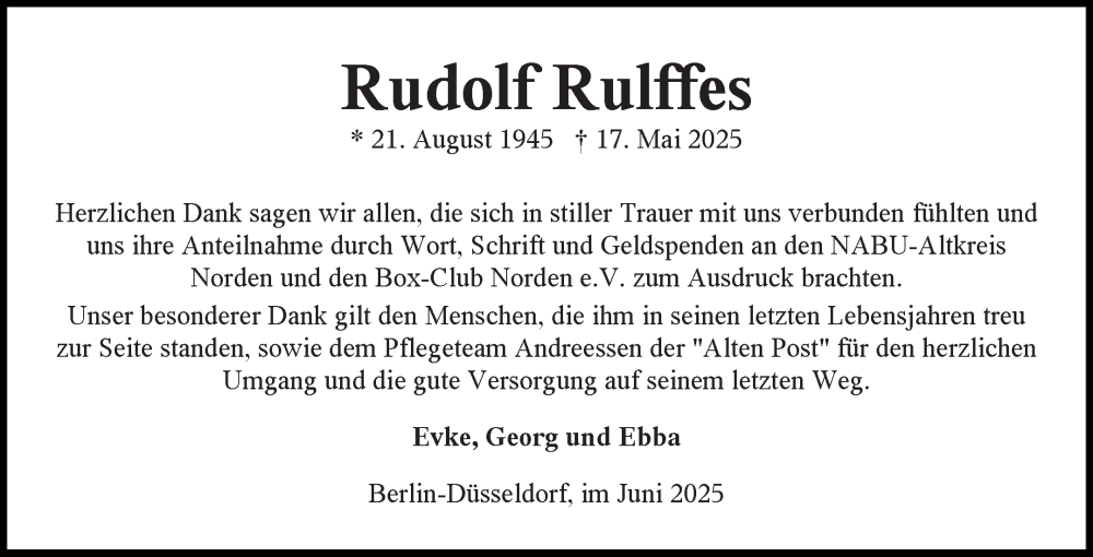  Traueranzeige für Rudolf Rulffes vom 21.06.2025 aus Ostfriesischer Kurier GmbH