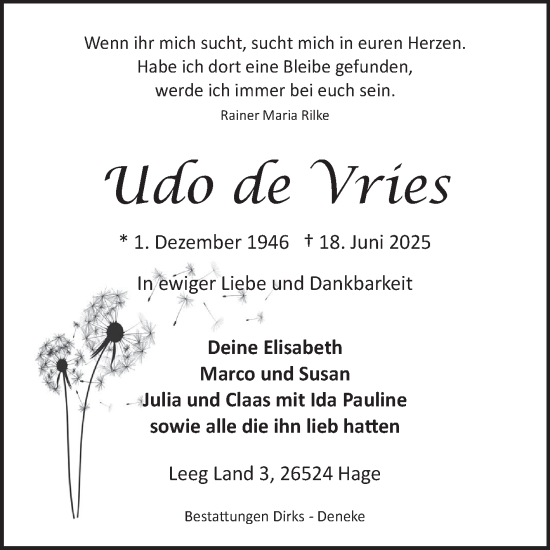 Traueranzeige von Udo de Vries von Ostfriesischer Kurier GmbH
