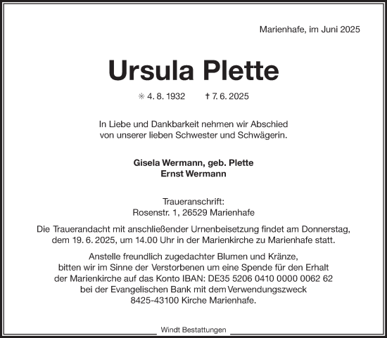 Traueranzeige von Ursula Plette von Ostfriesischer Kurier GmbH